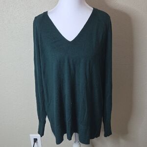 LOFT Dark Green V-Neck Soft Sweater, Size Large